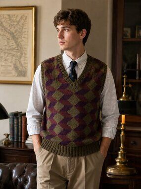 NWT Jeffrey Banks Hand Knit 100% Wool Sweater Vest Men’s L USA Made Argyle VTG